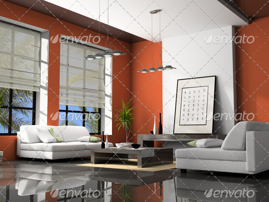 Home interior with sofas red 3D rendering