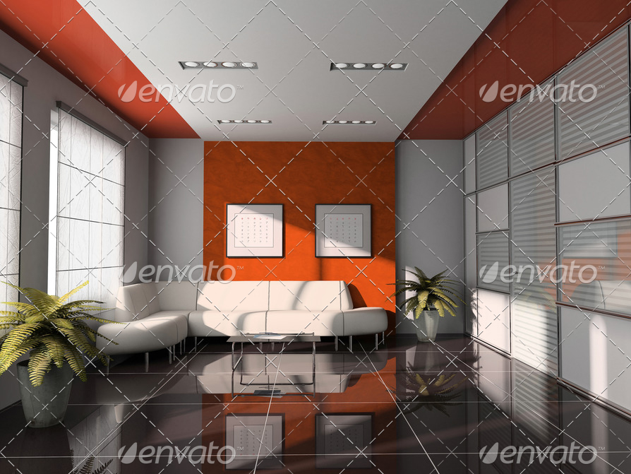 office  interior with orange ceiling 3D rendering